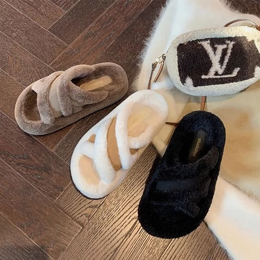 Fleece Cross Plain Band Slide Sandals