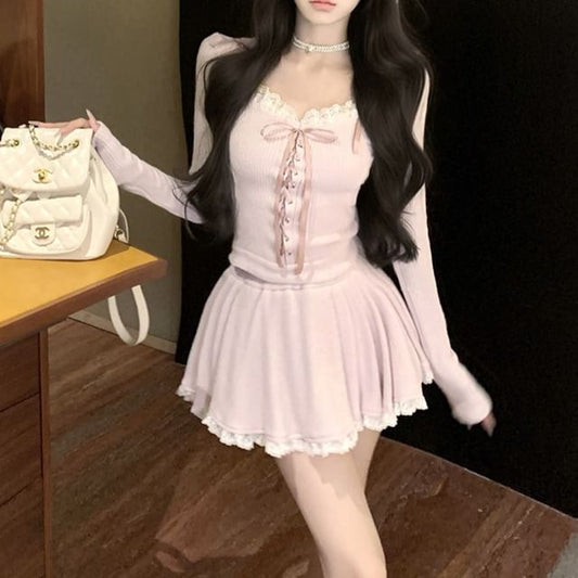 Mid Neck Rise Lace Hooded Mini Long-Sleeve Trim Skirt Top Plain Scoop A-Line /