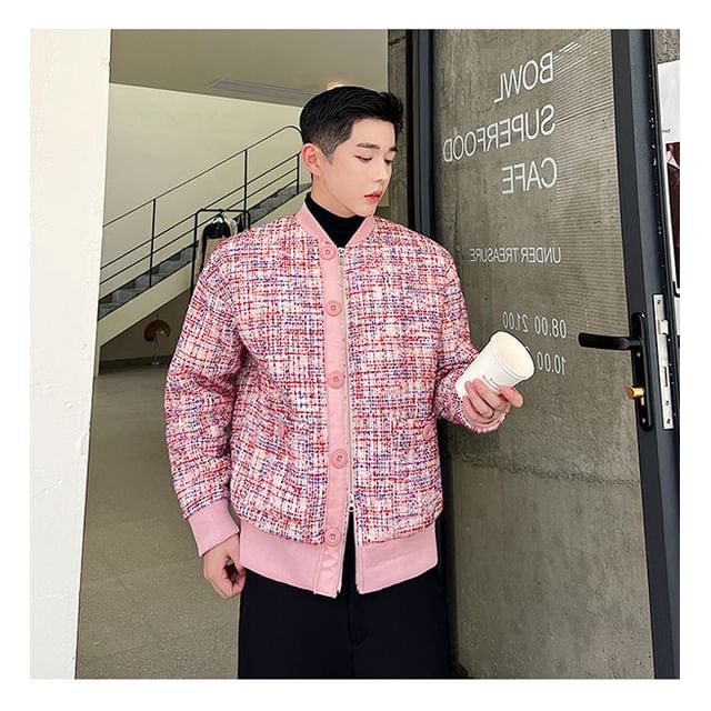 Panel Tweed Zip Baseball Jacket
