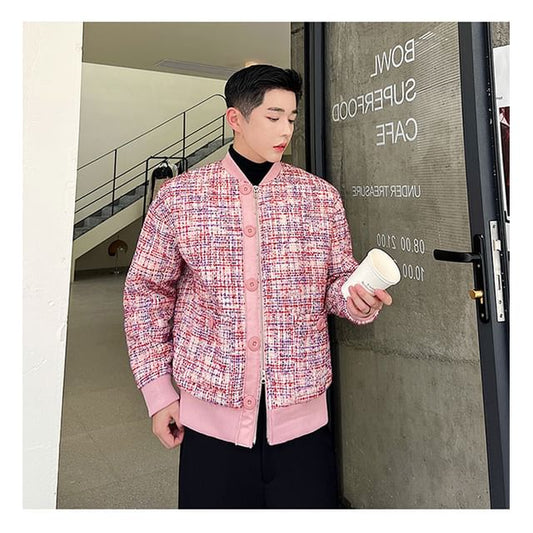 Panel Tweed Zip Baseball Jacket