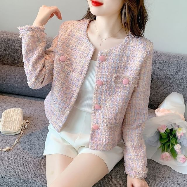 Round Neck Fray Tweed Button Jacket