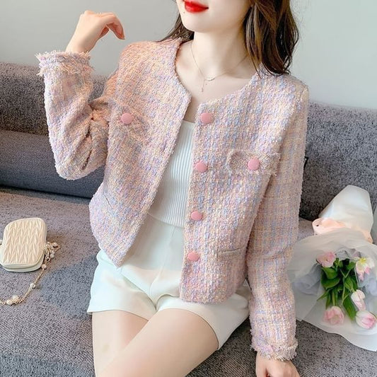 Round Neck Fray Tweed Button Jacket