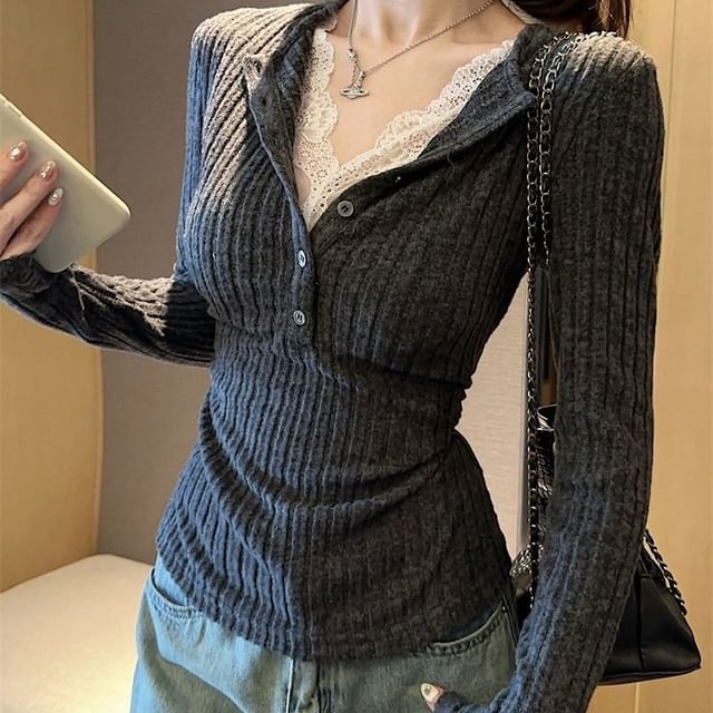 Mock Two-Piece Ribbed Lace V-Neck Long-Sleeve Top