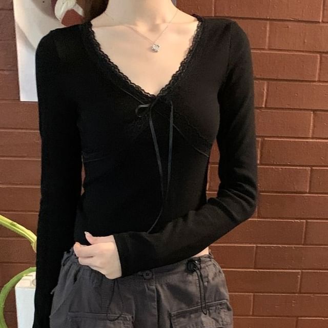 Bow-Adorned Lace V-Neck Top