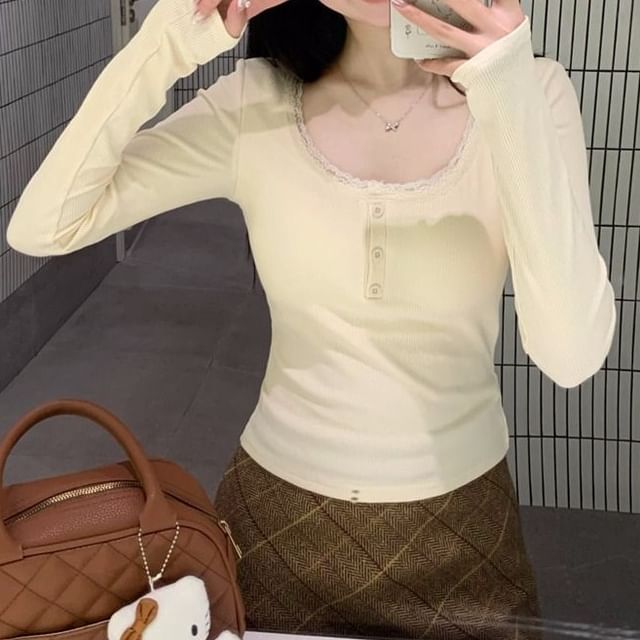 Scoop Neck Padded Button Lace-Trim Long-Sleeve Tee