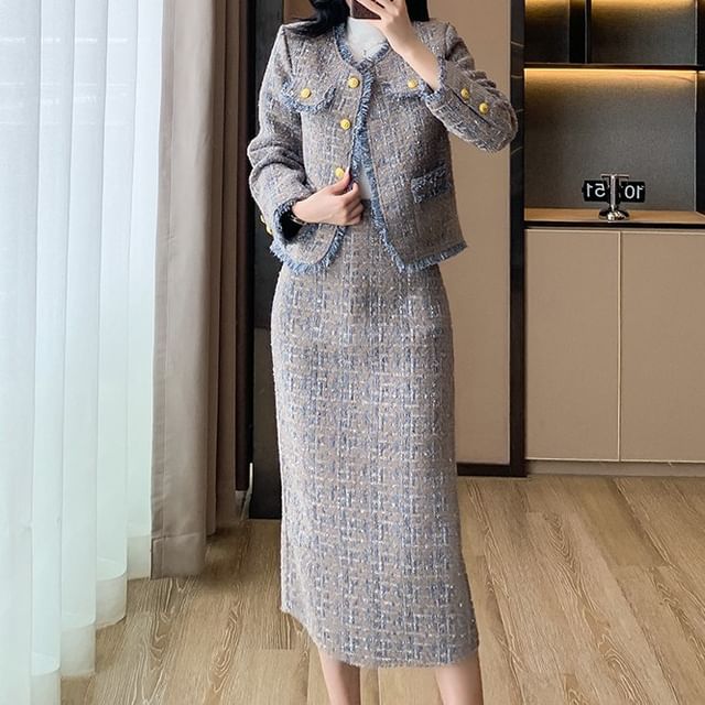 Crew Neck Fringed Contrast Trim Tweed Button Jacket / High Rise Slit Midi H-Line Skirt / Long-Sleeve Mock Neck Plain Knit Top / Set