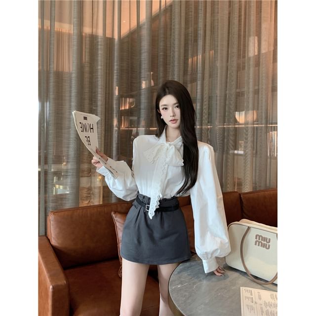 Long-Sleeve Tie-Neck Plain Lace Panel Blouse / High Rise Mini Pencil Skirt / Crew Neck Tweed Jacket / Belt