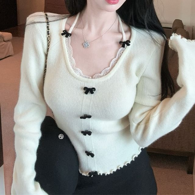 Scoop Neck Lace-Trim Bow Sweater with Lettuce Hem