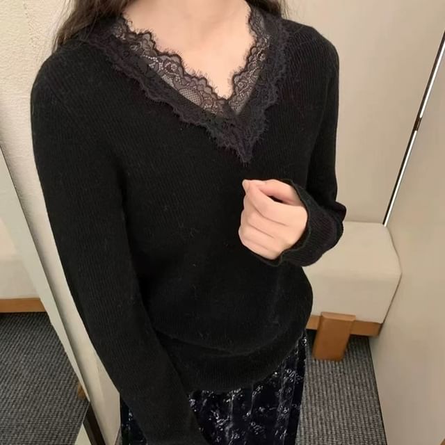 Ribbed V-Neck Lace-Trim Long-Sleeve Knit