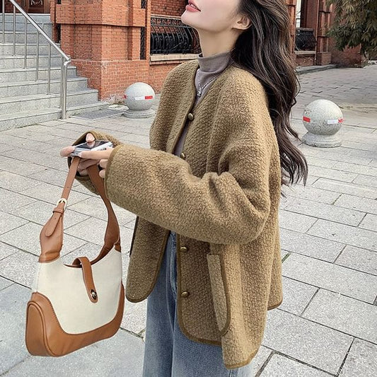 Crewneck Button-Up Tweed Jacket