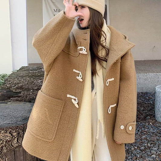 Hooded Toggle Plain Long Coat