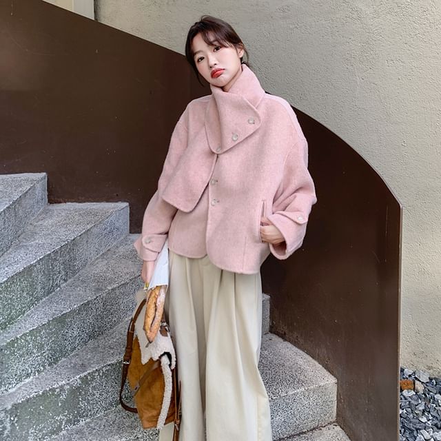 Turtleneck Asymmetrical Button-Up Blazer