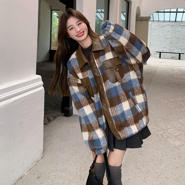 Collared Plaid Button-Up Jacket