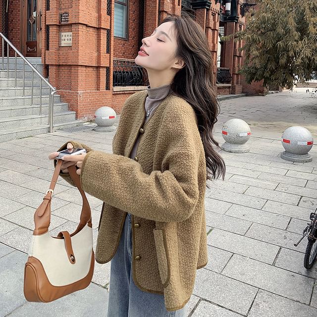 Crewneck Button-Up Tweed Jacket