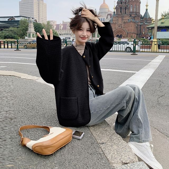 Crewneck Button-Up Tweed Jacket