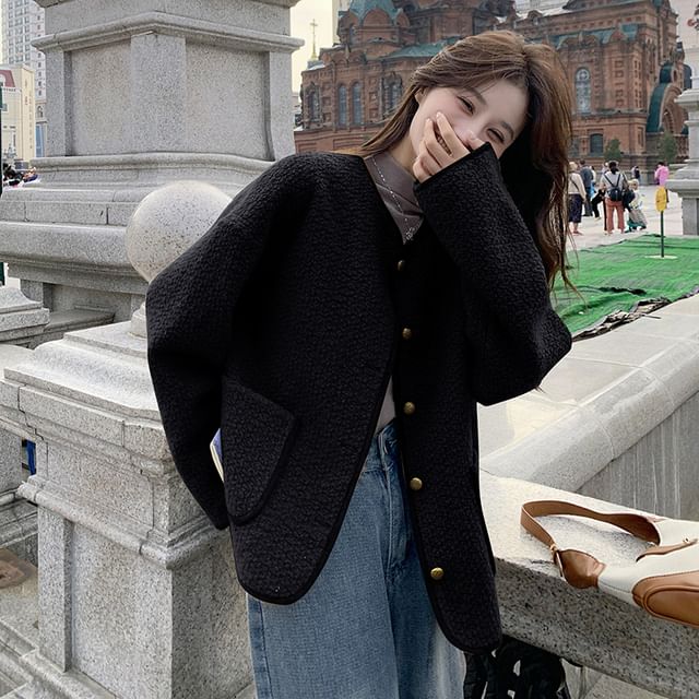 Crewneck Button-Up Tweed Jacket