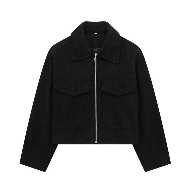 Collared Plain Zip Up Cropped Wool Jacket