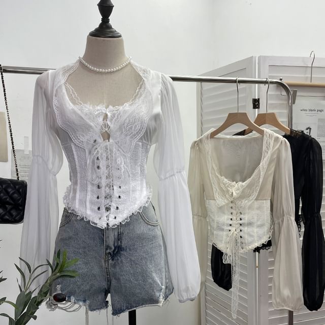 Scoop Neck Cutout Lace-Up Crop Blouse