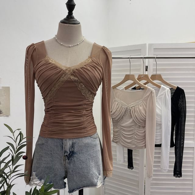 Ruched Mesh V-Neck Lace-Trim Crop Top