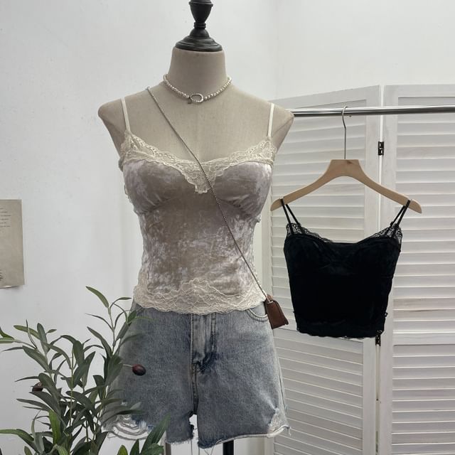 Velvet Lace-Trimmed Crop Cami