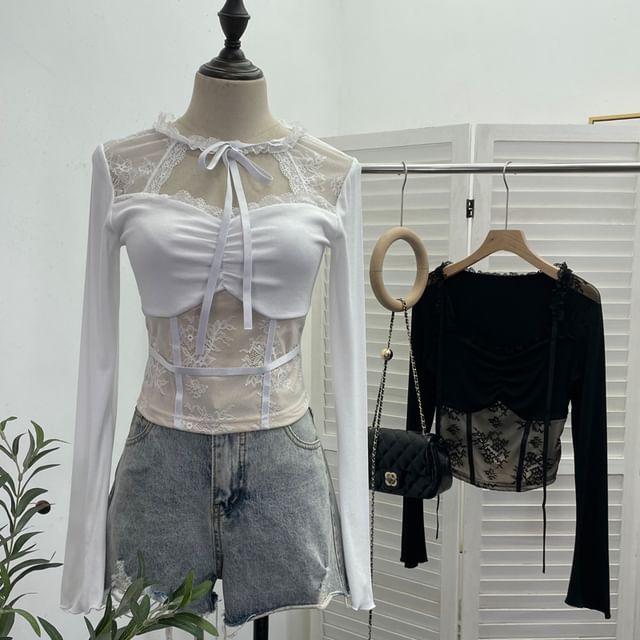 Tie-Neck Lace Panel Ruched Crop Top