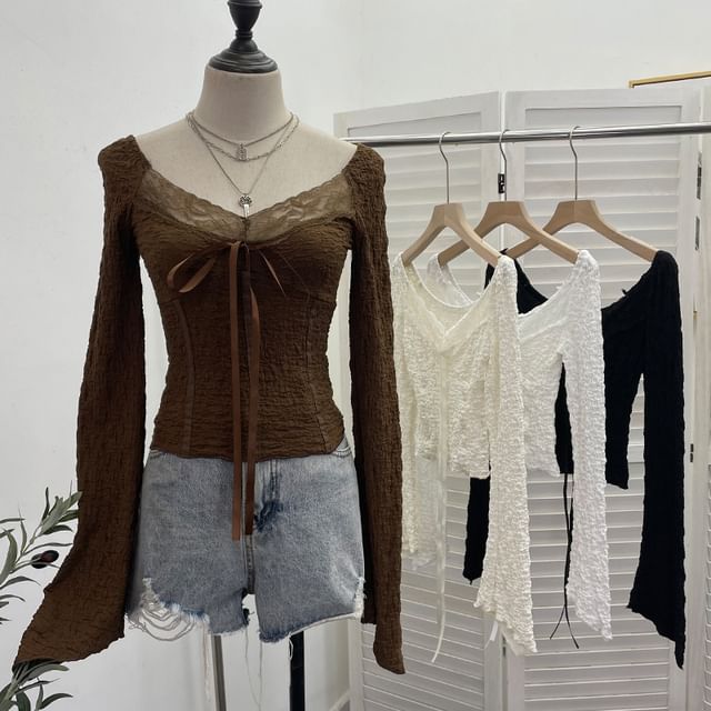 Tie Front V-Neck Lace Panel Crop Top