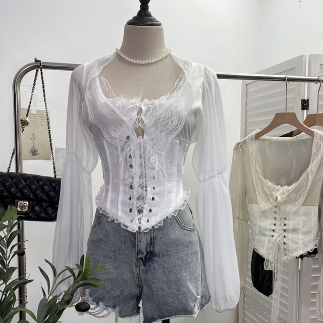 Scoop Neck Cutout Lace-Up Crop Blouse
