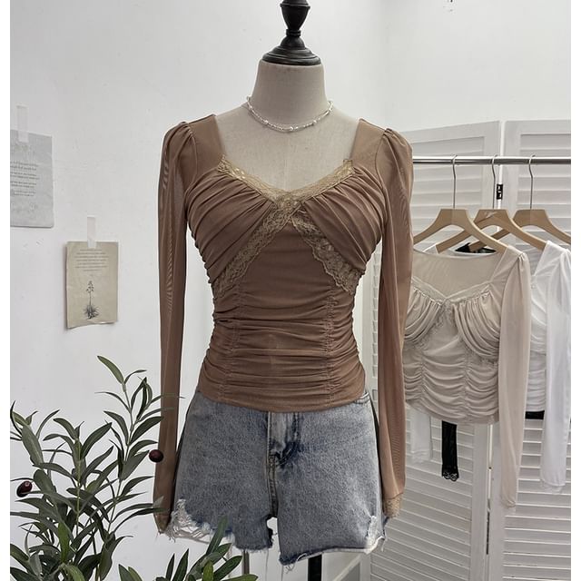 Ruched Mesh V-Neck Lace-Trim Crop Top