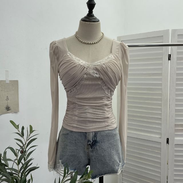 Ruched Mesh V-Neck Lace-Trim Crop Top