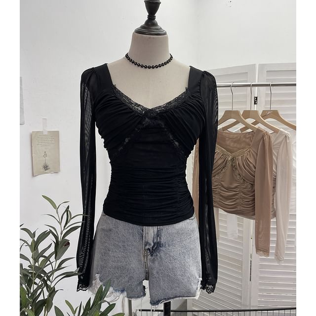 Ruched Mesh V-Neck Lace-Trim Crop Top
