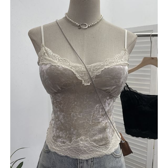 Velvet Lace-Trimmed Crop Cami