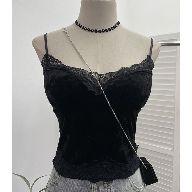 Velvet Lace-Trimmed Crop Cami