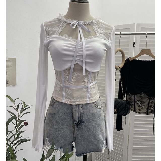 Tie-Neck Lace Panel Ruched Crop Top