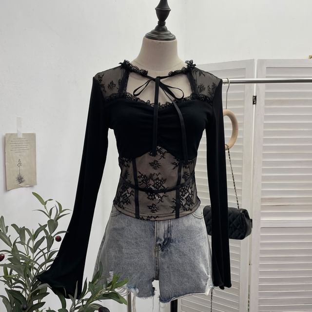 Tie-Neck Lace Panel Ruched Crop Top