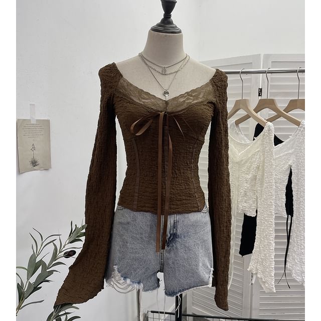Tie Front V-Neck Lace Panel Crop Top