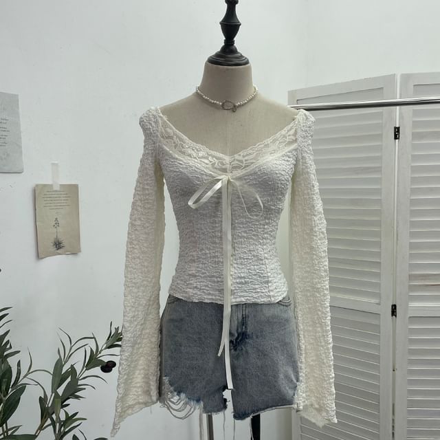 Tie Front V-Neck Lace Panel Crop Top