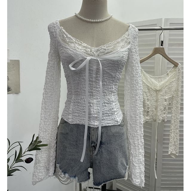 Tie Front V-Neck Lace Panel Crop Top