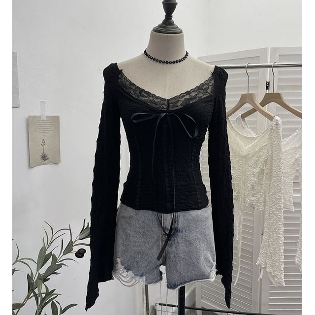 Tie Front V-Neck Lace Panel Crop Top