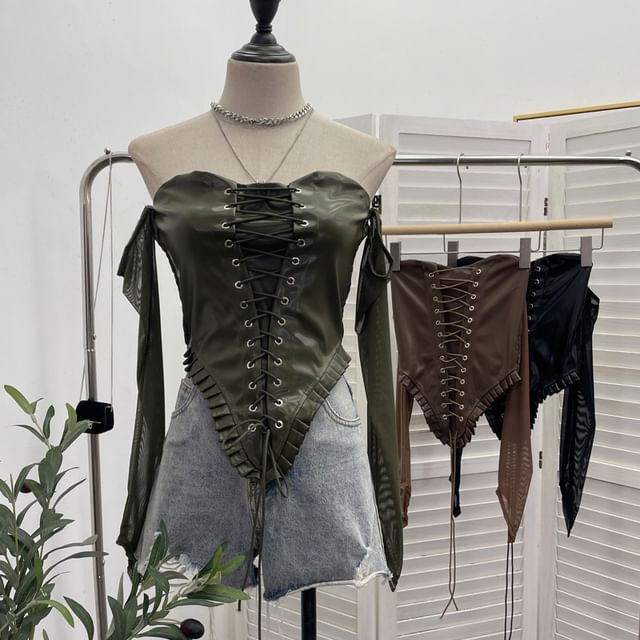 Faux Leather Lace-Up Crop Long-Sleeve Top