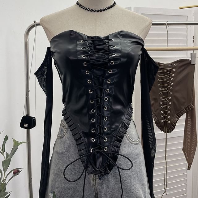 Faux Leather Lace-Up Crop Long-Sleeve Top