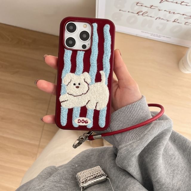 Embroidered Case Dog Striped Phone