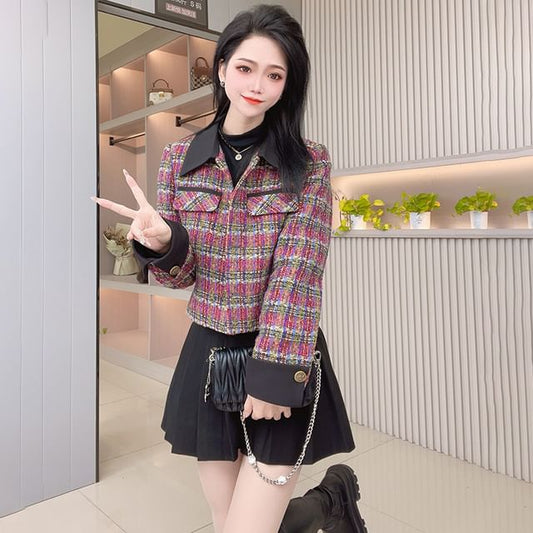Collar Plaid Tweed Button Jacket