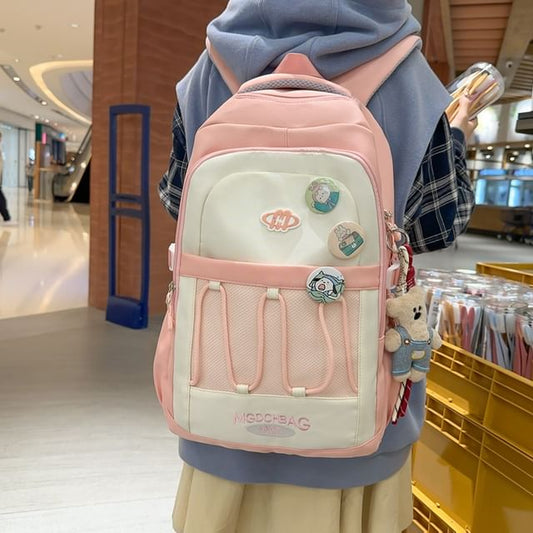 Nylon Backpack Embroidered Lettering Drawstring Set Mesh Panel Brooch /