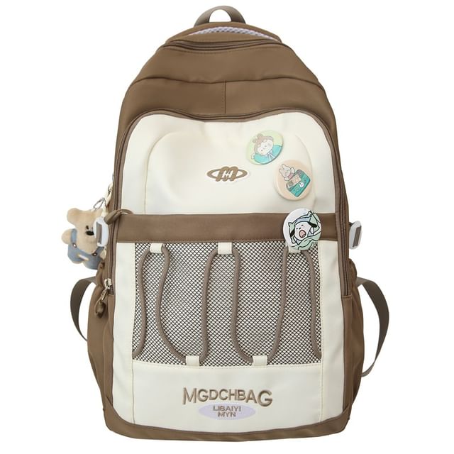 Nylon Backpack Embroidered Lettering Drawstring Set Mesh Panel Brooch /