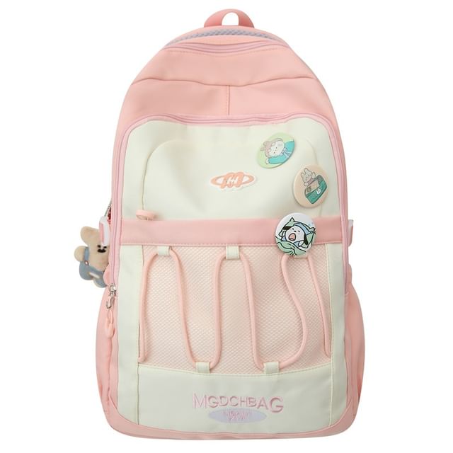 Nylon Backpack Embroidered Lettering Drawstring Set Mesh Panel Brooch /