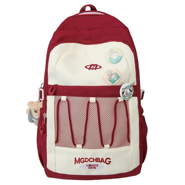 Nylon Backpack Embroidered Lettering Drawstring Set Mesh Panel Brooch /