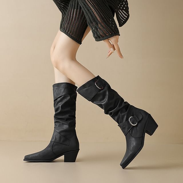 Heel Block Square Buckled Knee Toe Boots High