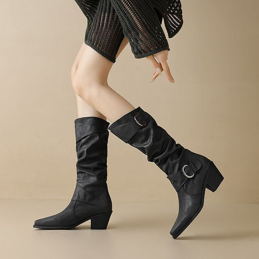 Heel Block Square Buckled Knee Toe Boots High
