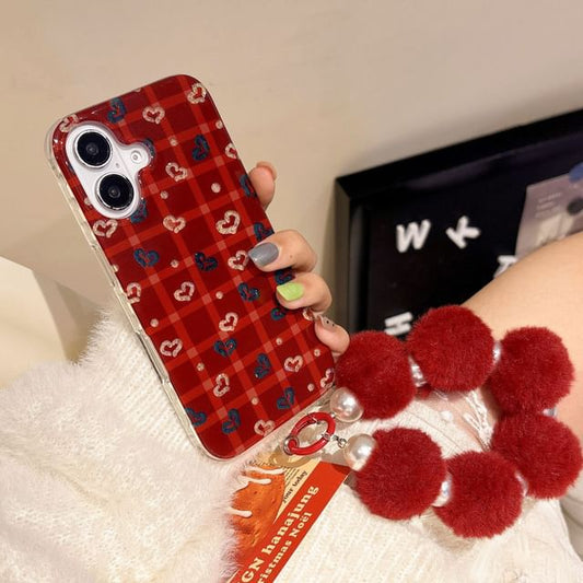 Set Plaid / Case Strap Phone Heart Pom