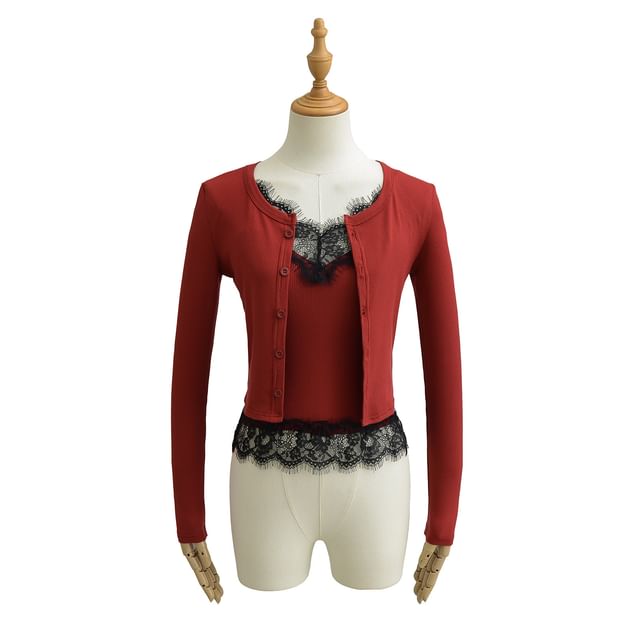 Lace-Trim Camisole & Crew Cardigan Co-ord Set